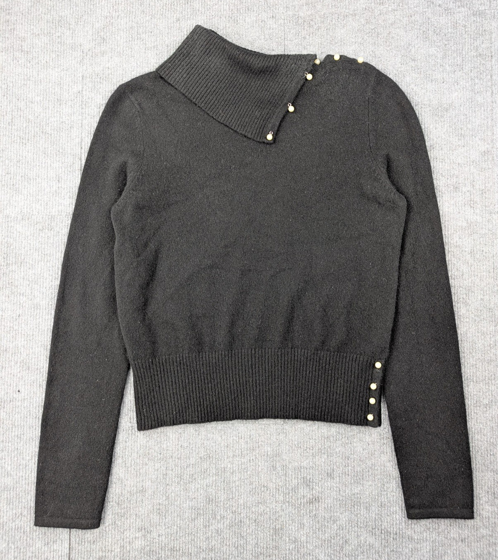 Mainbocher Cashmere sweater Women Small Quiet Luxury Asymmetric Faux Pearl Black